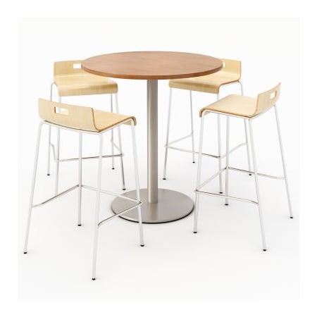 Kfi KFI 36" Round Dining Table & 4 Barstool Set, River Cherry Table With Natural Stools T36RD-B1922SL-38-7937-BR9333-4-NA